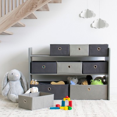 Gray 3-Tier Kids' Toy Organizer with 9 Fabric Bins