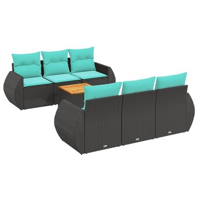 vidaXL 7 Piece Patio Sofa Set with Cushions - Black Poly Rattan