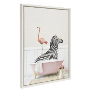 Kate and Laurel Sylvie Zebra and Flamingo in Cottage Rose Bath Framed Canvas by Amy Peterson Art Studio, 18x24, White - 1 of 4