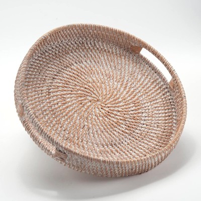 BRINJOY 14" Round White Woven Tray - Handmade Rattan Coffee Table Decor with Handles
