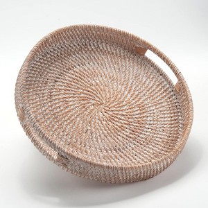BRINJOY 11.8" Round White Woven Tray - Handmade Rattan Coffee Table Decor with Handles - 1 of 4