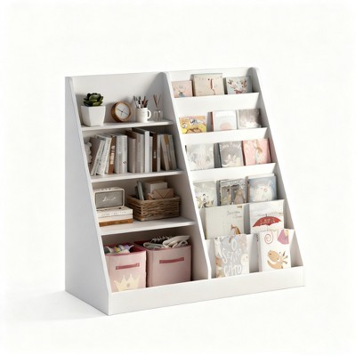 Kids Bookshelf and Toy Storage Organizer 4 Tier Wooden Book Shelf with Storage Bookcase for Kids Room Playroom Nursery