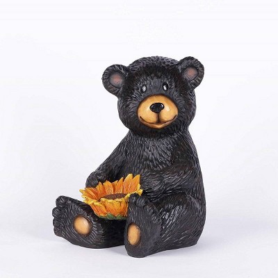 13" Polyresin Sitting Bear Cub Holding Sunflower Outdoor Statue Black - Hi-Line Gift