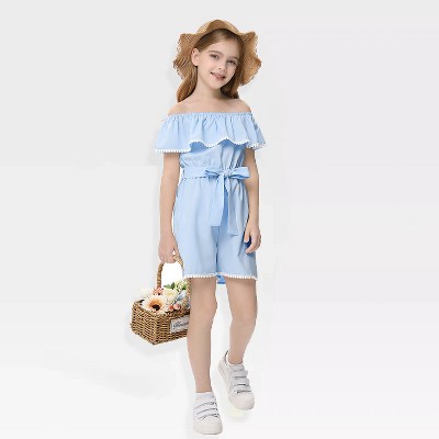Girls Romper Flounce Squar Neck Belted Jumpsuit with Lace Trim Elastic Adjustbale Neckline Romper