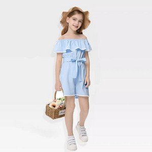 Girls Romper Flounce Squar Neck Belted Jumpsuit with Lace Trim Elastic Adjustbale Neckline Romper - 1 of 4