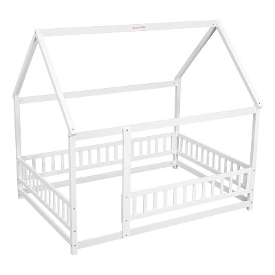Bellemave Full Size Floor Bed Frame House Bed for Kids with Cute Roof Frame, Sturdy Wooden Floor Bed Safety Playhouse with Guardrails, White