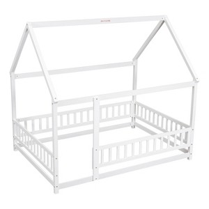 Bellemave Full Size Floor Bed Frame House Bed for Kids with Cute Roof Frame, Sturdy Wooden Floor Bed Safety Playhouse with Guardrails, White - 1 of 3