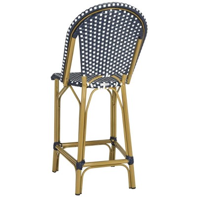 Navy and White French Bistro-Inspired Counter Stool with Wicker Accents