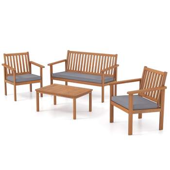 Tangkula 4PCS Wood Furniture Set w/ Loveseat 2 Chairs & Coffee Table for Porch Patio Gray