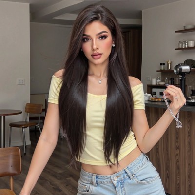 Jessie's Wig 28 Inch Long Straight Wig Middle Part Synthetic Hair 13x6 Lace Wigs Shiny Brown 1 Pc/Pack