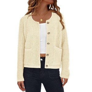 Women's Button Down Cardigan Sweater Chunky Open Front Crew Neck Causal Long Sleeve Knit Outwear with Pockets,Almond - XL - 1 of 4