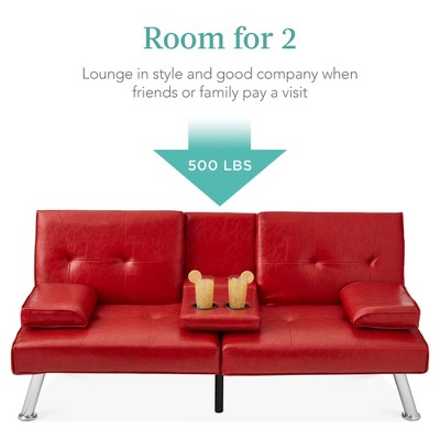 Red Faux Leather Convertible Sleeper Sofa with Cup Holders