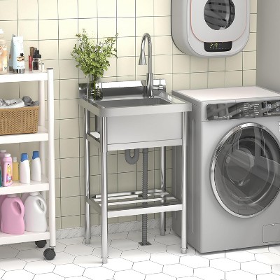 Stainless Steel Free Standing Single Bowl Utility Sink with Hot and Cold Faucet