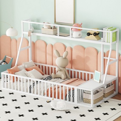 Floor Bed Frame, Metal Platform Bed with Safety Guardrails & Desk and Storage Shelves, Playhouse Bed Frame for Bedroom Playroom