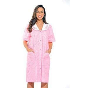 Dreamcrest Womens Short Sleeve Duster, Seersucker Gingham Housecoat/Women Sleepwear Embroidered Snap Front Nightgown - 1 of 1