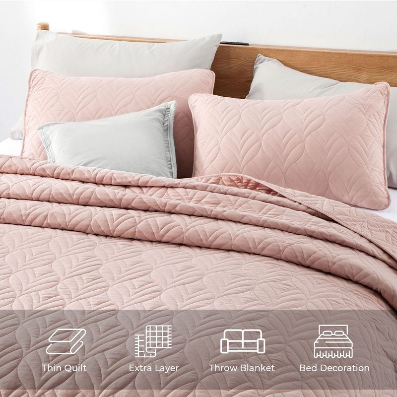 Peace Nest Pink Leaf Pattern Quilted Microfiber Coverlet Set, 3 of 6