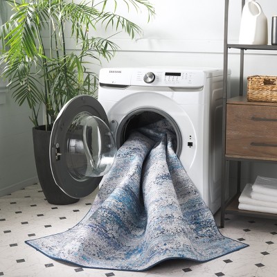 4' x 6' Blue Abstract Synthetic Washable Area Rug