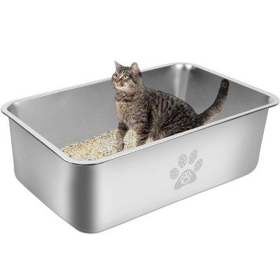 LunaLulinlk 15.7" x 11.8" x 3.9" Cat Litter Box with High Sides Large Stainless Steel Cat Litter Pan