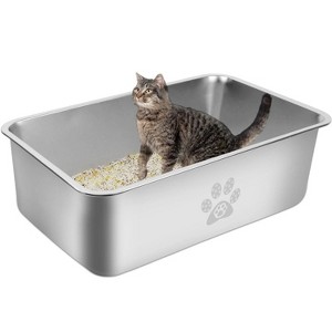 LunaLulinlk 15.7" x 11.8" x 3.9" Cat Litter Box with High Sides Large Stainless Steel Cat Litter Pan - 1 of 4