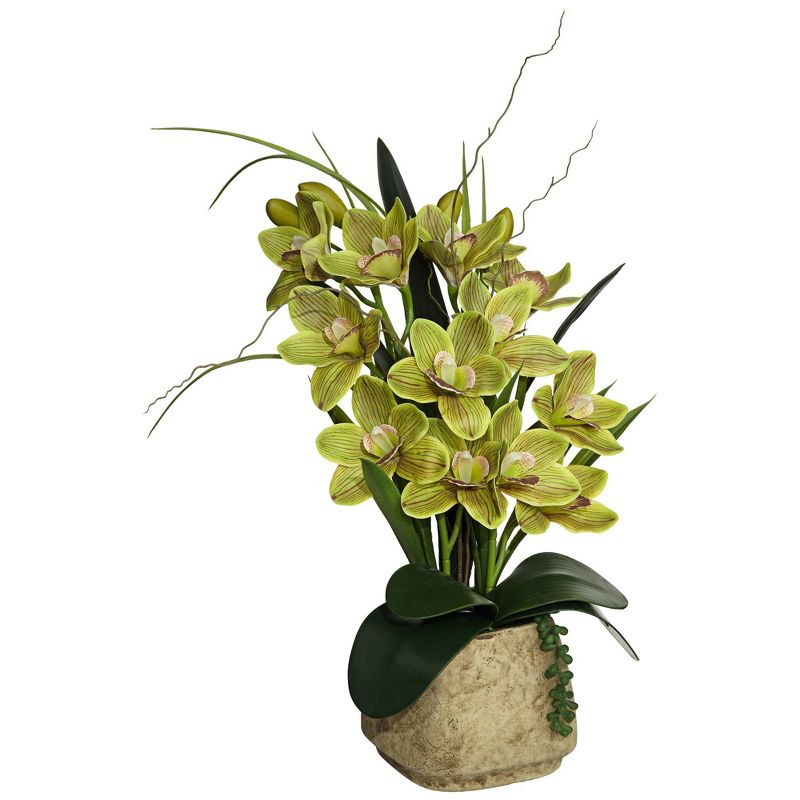 Dahlia Studios Potted Faux Artificial Flowers Realistic Green Cymbidium in Ceramic Pot with Black Riser Home Decor 21 1/2" High, 5 of 6