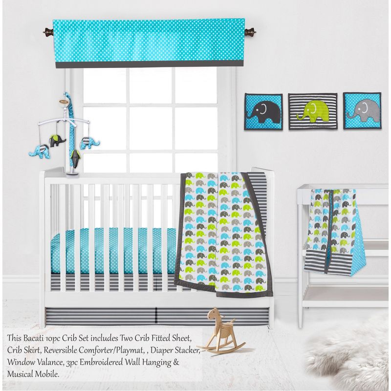Bacati - Elephants Aqua/Lime/Gray 10 pc Crib Bedding Set with 2 Crib Fitted Sheets, 4 of 12