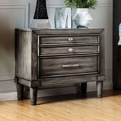 Vynxaria 1pc Transitional Gray Nightstand, Solid Wood/Wood Veneers, Hidden Drawer + Felt-Lined Top Drawer, Nickel Knobs/Silver Handles
