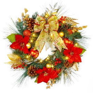 24" Christmas Wreath for Front Door, Prelit Christmas Wreath with Lights, Red Gold Ball Ornaments, Pine Cones &Bow for Fireplace Home Holiday Decor - 1 of 4