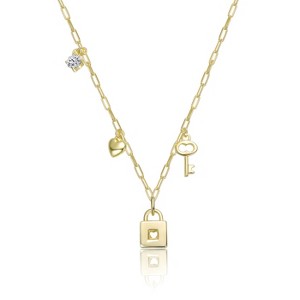 Guili 14k Yellow Gold Charm Pendant Necklace, Lock, Heart, Key & Gemstone, Whimsical Chic for Everyday Elegance and Symbolic Celebrations - 1 of 2