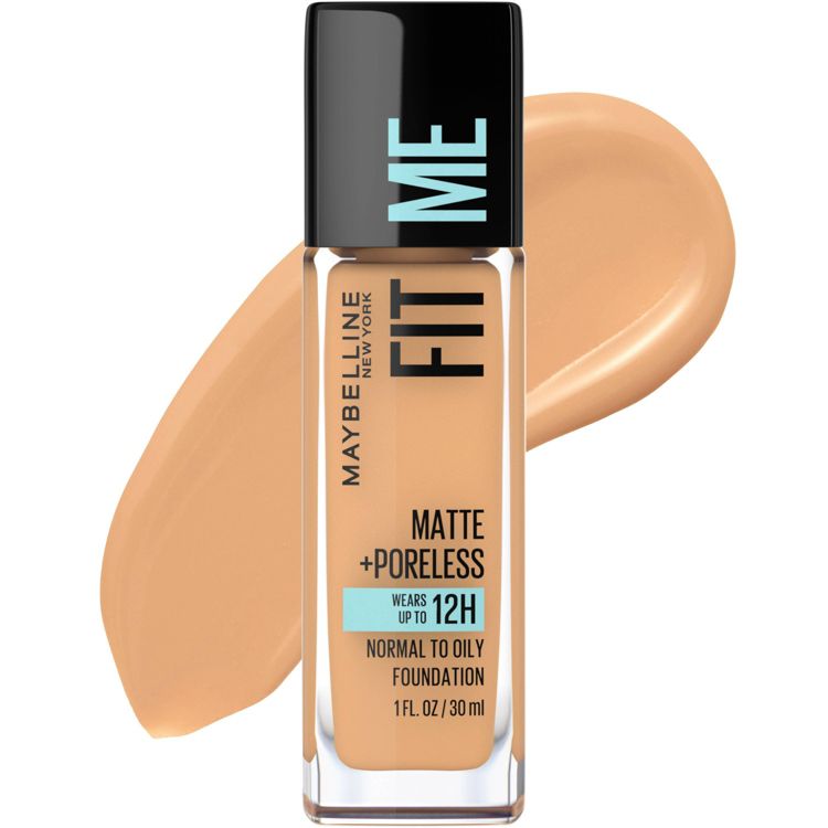 Maybelline Fit Me Matte + Poreless foundation bottle in shade 310 Sun Beige, with a beige liquid swatch in the background. The label indicates it is oil-free, suitable for normal to oily skin, and lasts up to 12 hours.