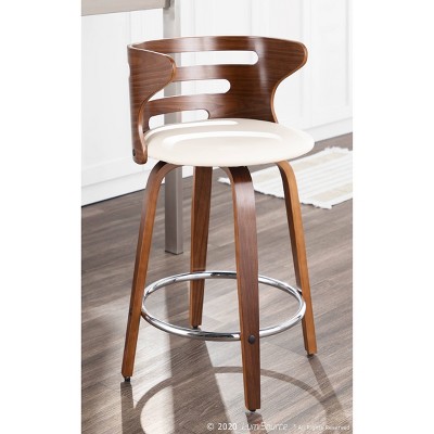 Walnut and Cream Swivel Counter Stools with Faux Leather Seats