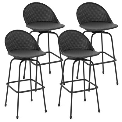 Tangkula Rattan Swivel Barstools Set of 4 w/ Curved Back & Heavy-Duty Metal Support