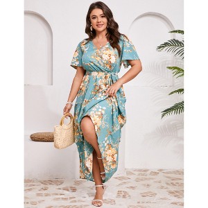 YESFASHION Plus Size Women V Neck Wrap Maxi Dress High Waist Short Sleeves Casual Summer Dress with Belt - 1 of 4