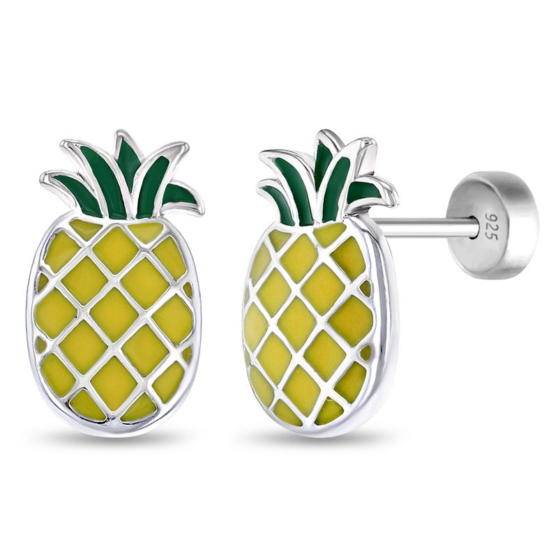 Girls' Lucky Pineapple Push Back Sterling Silver Earrings - In Season Jewelry, 1 of 5