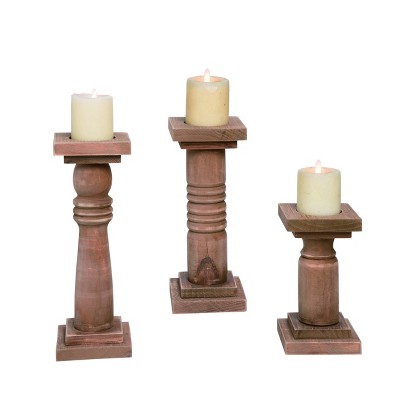 Transpac Wood 13.6 in. Brown Harvest Rustic Pillar Candle Holders Set of 3