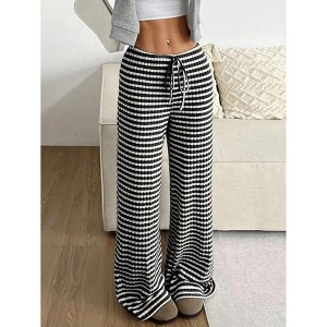 Women's Striped Print Straight Wide Leg Pants Drawstring Waist Pants Casual Long Pants - 1 of 4