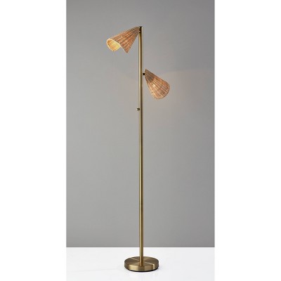 Antique Brass and Natural Rattan Adjustable Dual-Light Floor Lamp