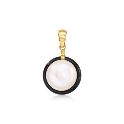 Ross-Simons 12mm Bezel-Set Cultured Pearl and Onyx Pendant in 14kt Yellow Gold Size 1.00