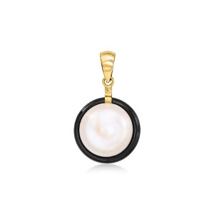Ross-Simons 12mm Bezel-Set Cultured Pearl and Onyx Pendant in 14kt Yellow Gold Size 1.00 - 1 of 3