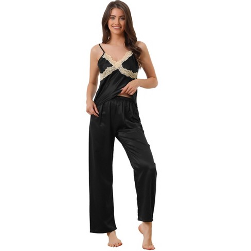 cheibear Womens Satin Sleepwear Cowl Neck Cami Top with Long Pant