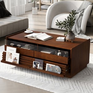 TiramisuBest Modern Coffee Table, 47.2" Rectangle Table with Solid Wood Legs, 4 Drawers & Side Storage,Brown - 1 of 4
