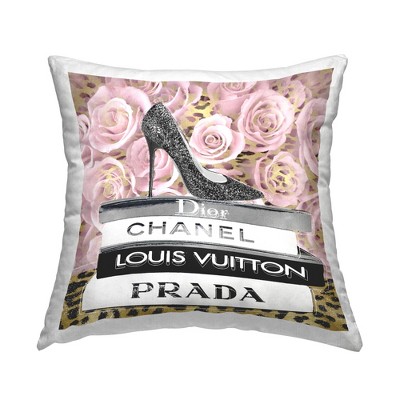 Stupell Industries Glam High Heel Shoe Fashion Book Stack Cheetah Printed Pillow, 18 x 18