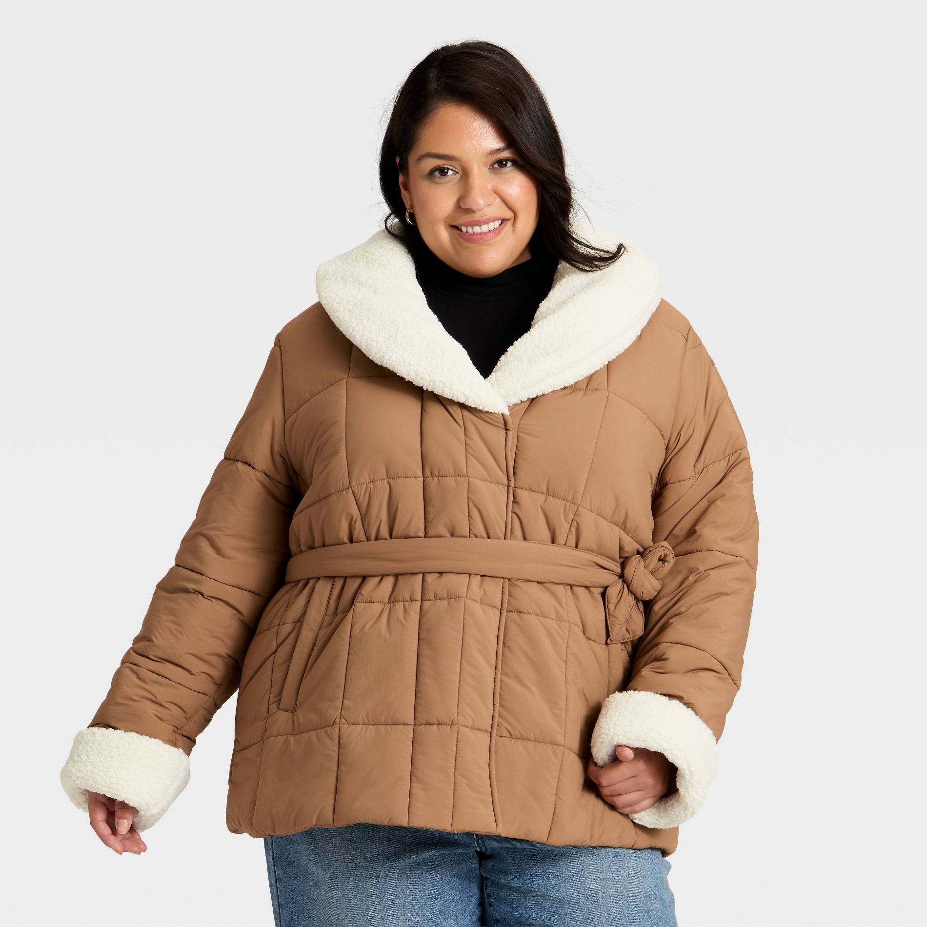 Women's Belted Faux Shearling Puffer Jacket - Ava & Viv™