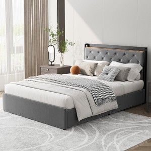 Velvet Bed Frame with Four Storage Drawers and USB Charging Station, Greey Bed Frame with Storage Headboard and Wooden Slats Support - 1 of 4