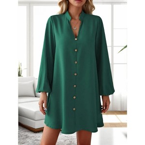 Womens V Neck Lantern Long Sleeve Midi Dress Fake Button Loose Casual Fall Dress - 1 of 4