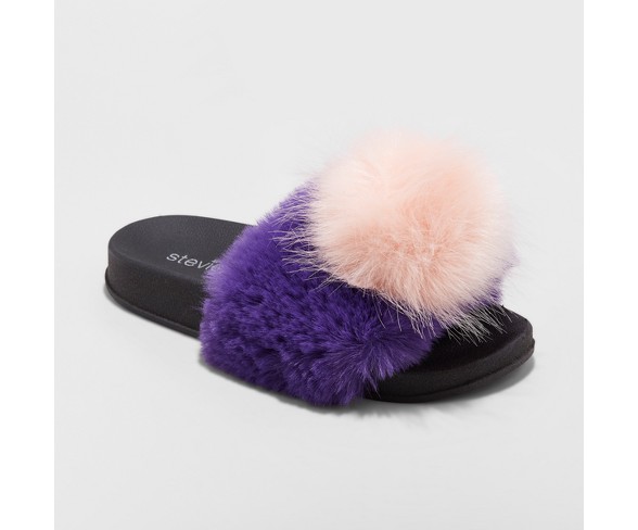 Girls' LUVUALATTE Satin Furry Slide Sandals Pink 13 - Stevies