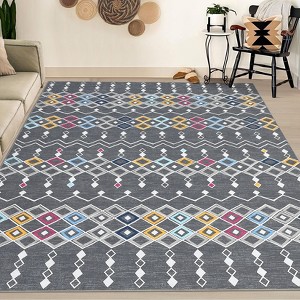 Machine Washable Boho Vintage Area Rug Non-Slip Non-Shedding Geometric Indoor Distressed Soft Low Pile Carpet for Living Room Bedroom Kitchen - 1 of 4