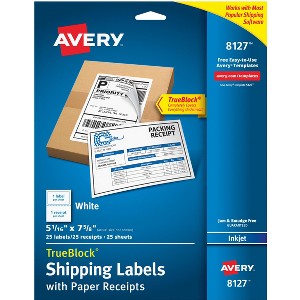 Avery Shipping Labels w/Paper Receipts and TrueBlock Technology for Inkjet Printers 5-1/16 x 7-5/8, Pack of 25 (8127) - 1 of 4