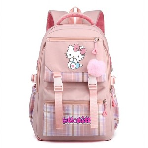 Paaaawaters Cute Plaid School Backpack for Girls with Multiple Pockets Pom Pom Charm Pink - 1 of 1