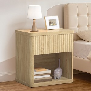 Huxxion Fluted Nightstand with Drawer, Large Wood Night Stand with Storage, for Bedroom Living Room Office, Natural Wood - 1 of 4