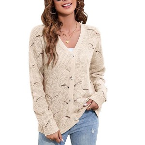Women's Lightweight Crochet Cardigan Long Sleeve Hollow Out Kint Sweaters - 1 of 4